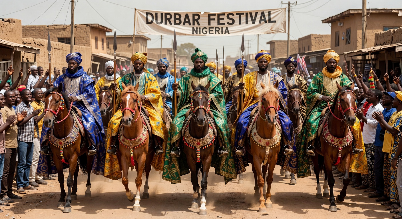 Elaborately dressed horsemen in the Durbar procession in Kano, Nigeria