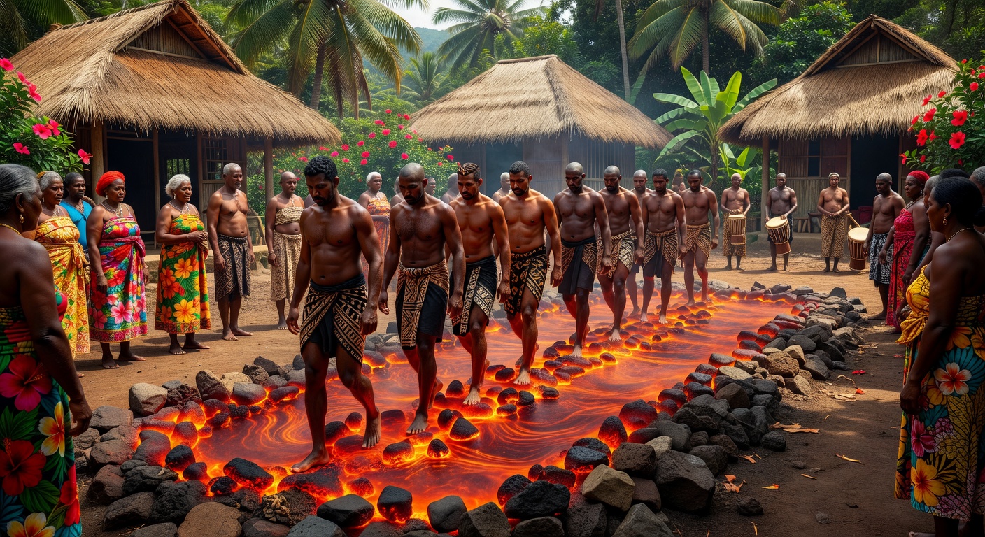 A man walking across glowing embers during the vilavilairevo ceremony in Fiji