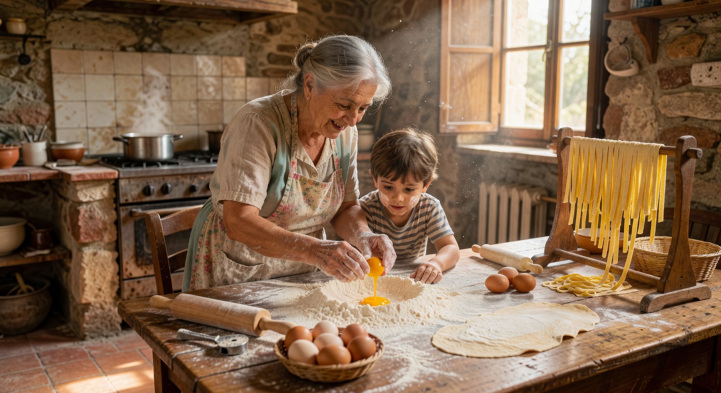 An Italian nonna rolling pasta dough on a wooden board in Emilia-Romagna