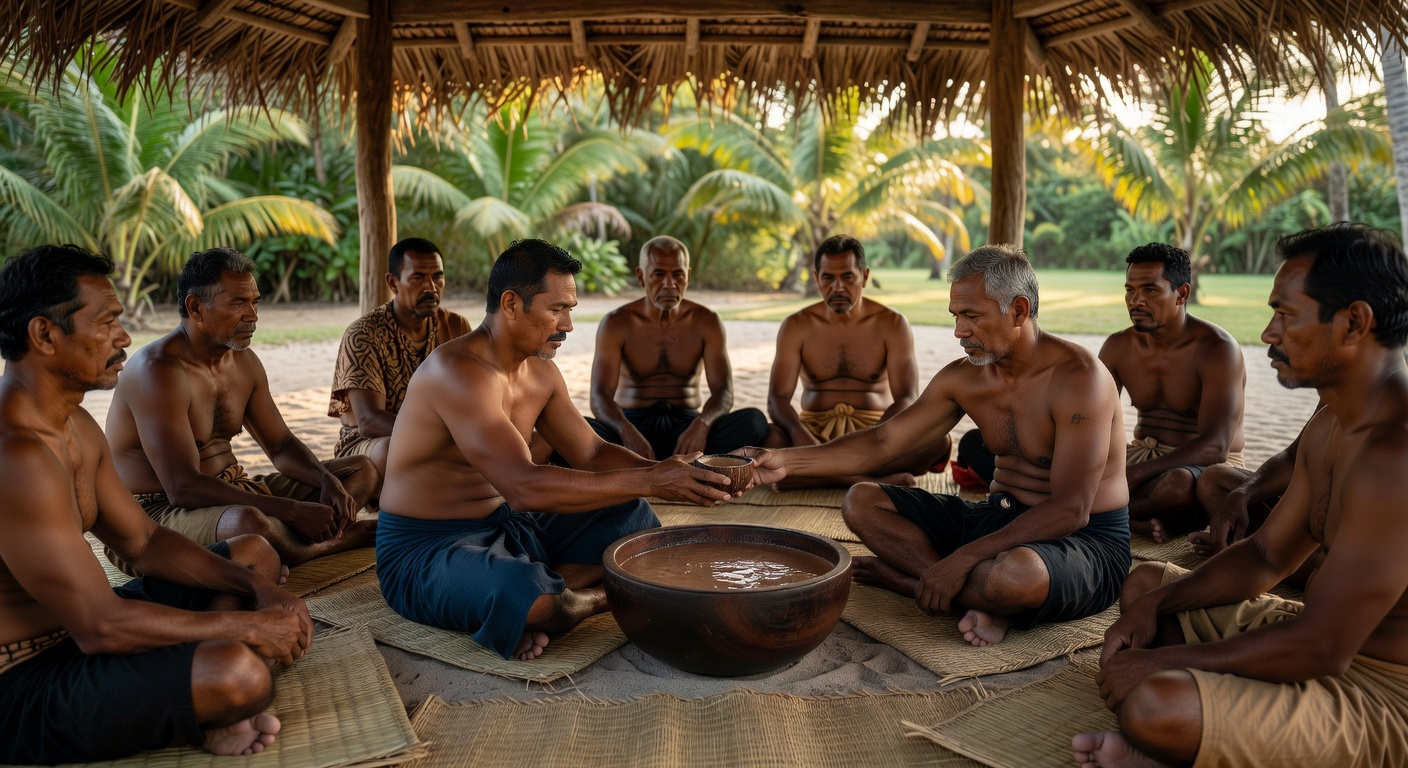 A traditional kava ceremony in Tonga with men seated in a circle around a large carved bowl