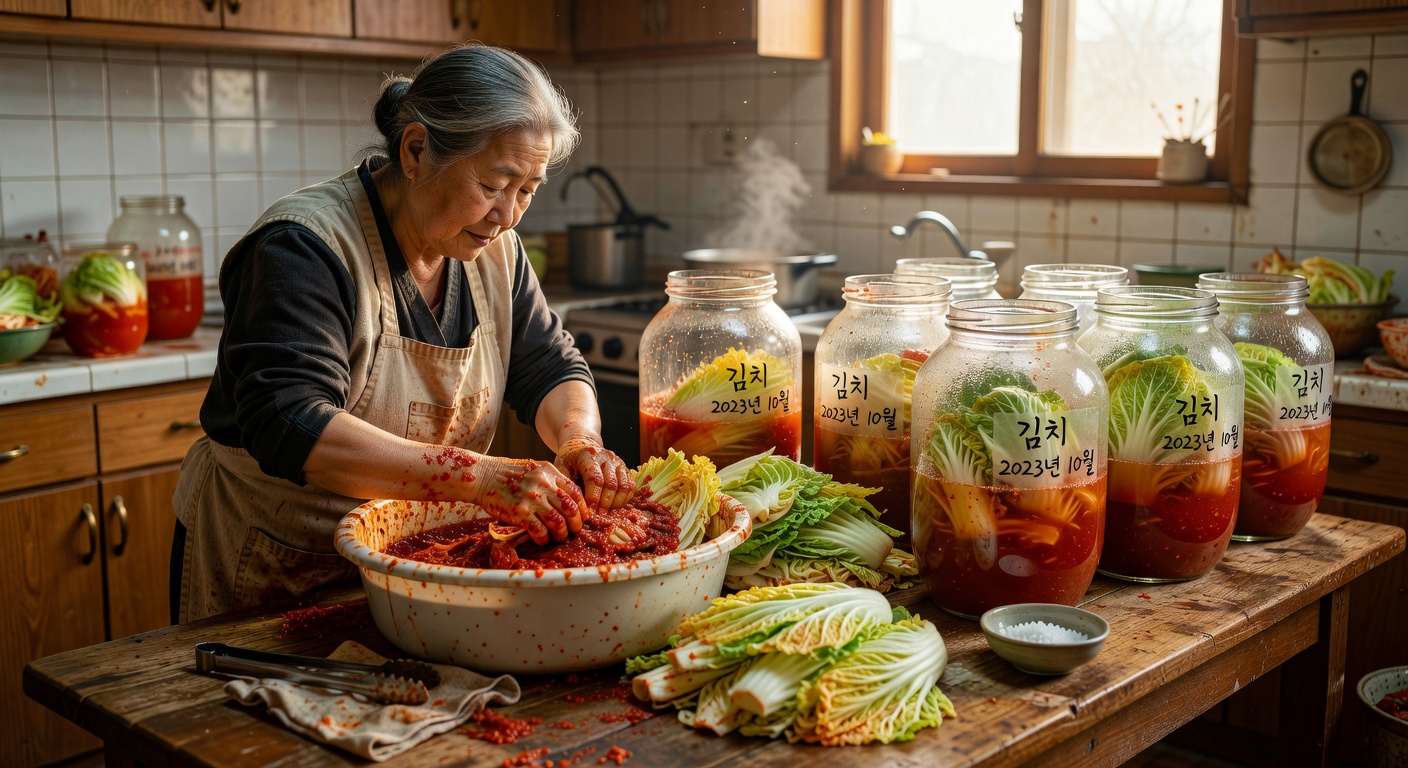 Hands rubbing chili paste into napa cabbage during communal kimchi-making