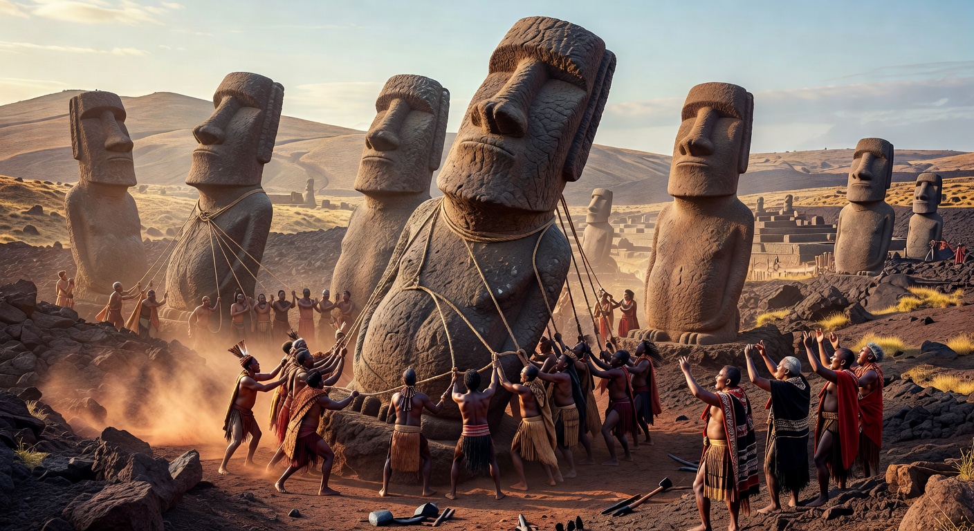 A ceremonial gathering near the moai statues on Easter Island at sunset