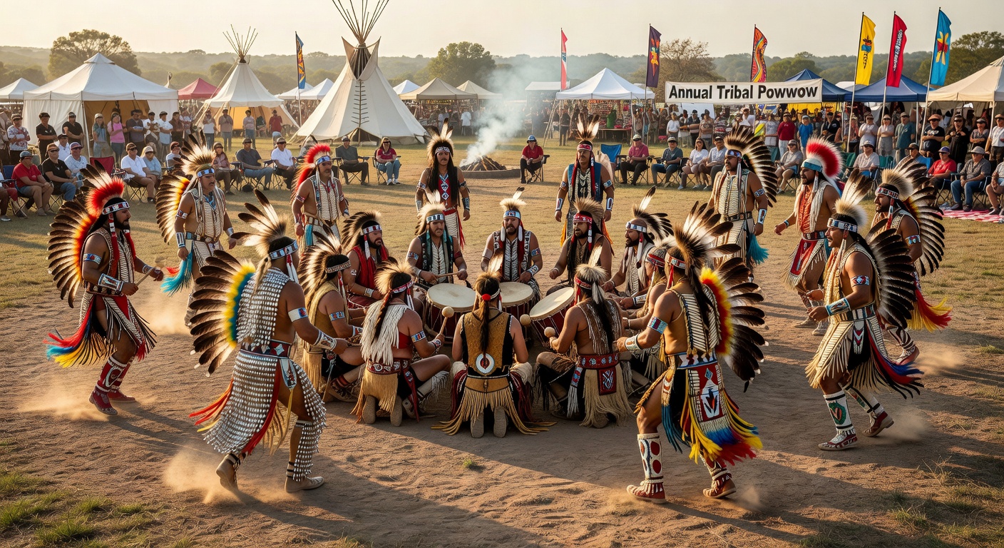 A Lakota powwow gathering in South Dakota with dancers in traditional regalia