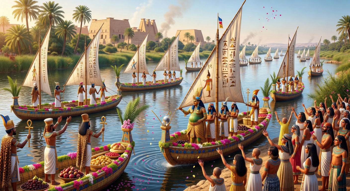 Colorful boats and celebrants during a Nile festival in Egypt at dusk