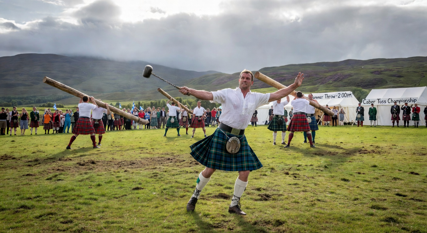 Athletes competing in the Scottish Highland Games amid dramatic highland scenery